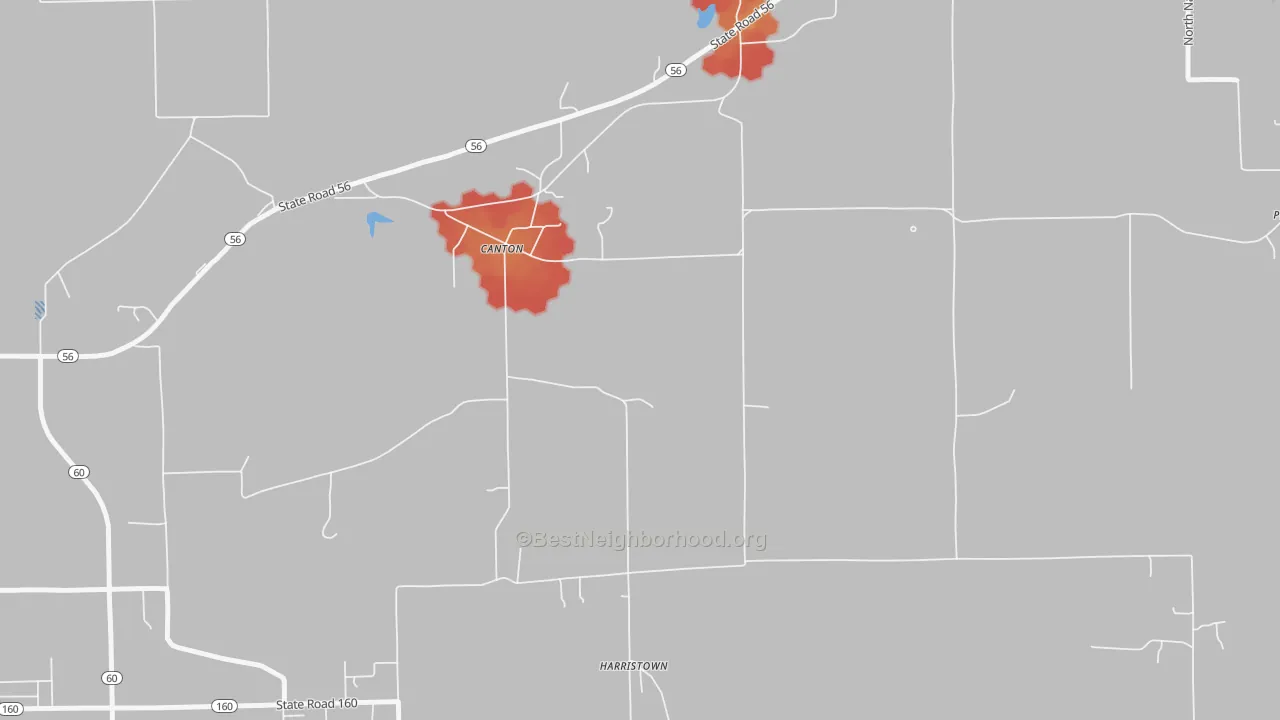 Walk Grade map of Canton, IN, walkable areas in green and car-dependent areas in red