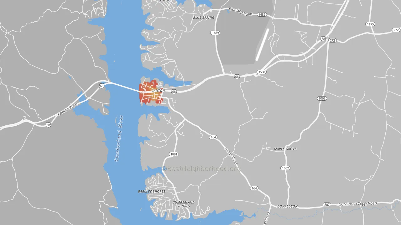 Walk Grade map of Canton, KY, walkable areas in green and car-dependent areas in red