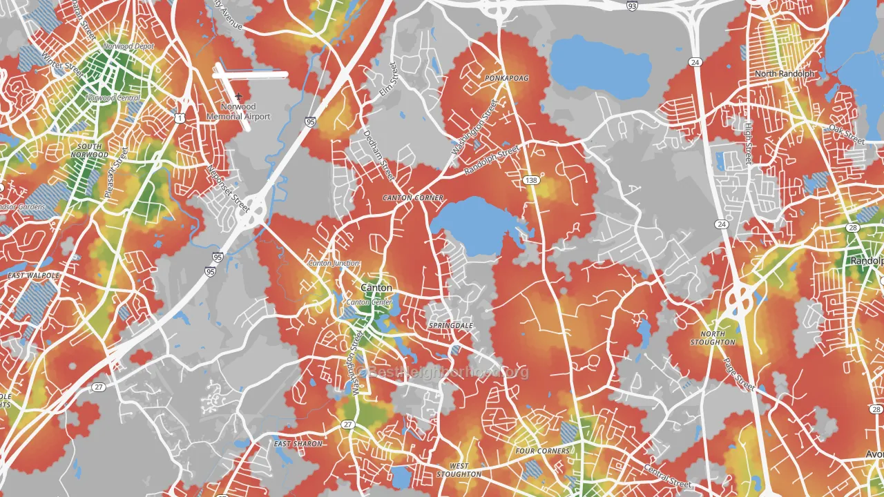 Walk Grade map of Canton, MA, walkable areas in green and car-dependent areas in red