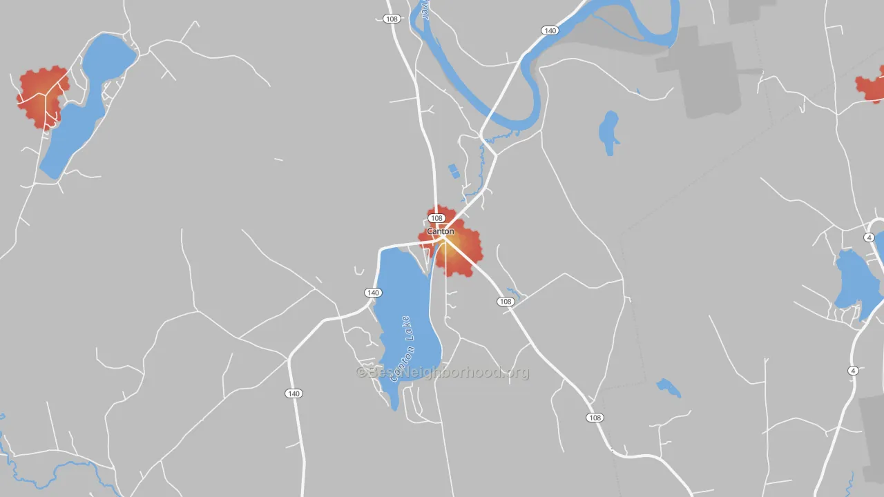 Walk Grade map of Canton, ME, walkable areas in green and car-dependent areas in red