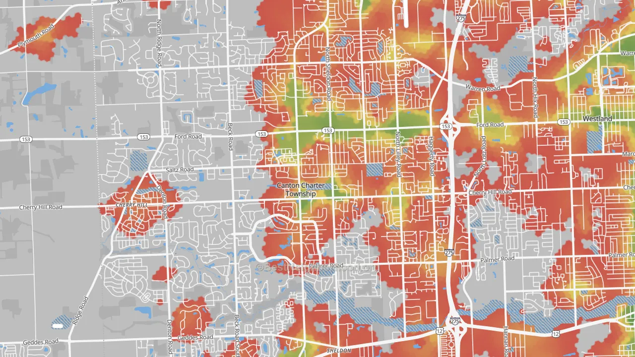Walk Grade map of Canton, MI, walkable areas in green and car-dependent areas in red
