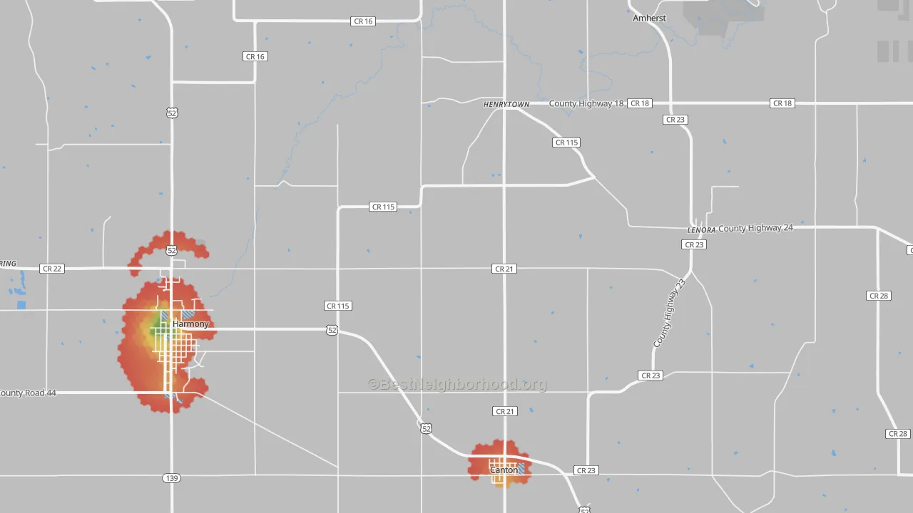 Walk Grade map of Canton, MN, walkable areas in green and car-dependent areas in red
