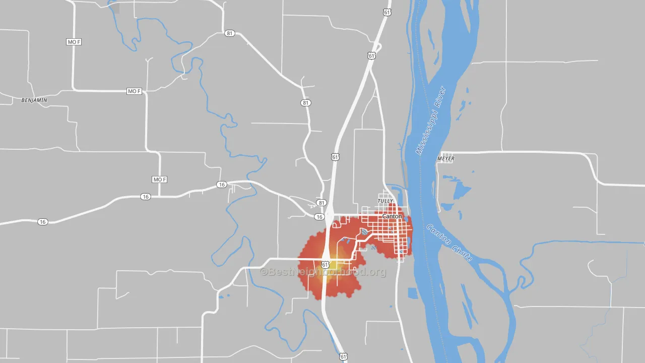 Walk Grade map of Canton, MO, walkable areas in green and car-dependent areas in red