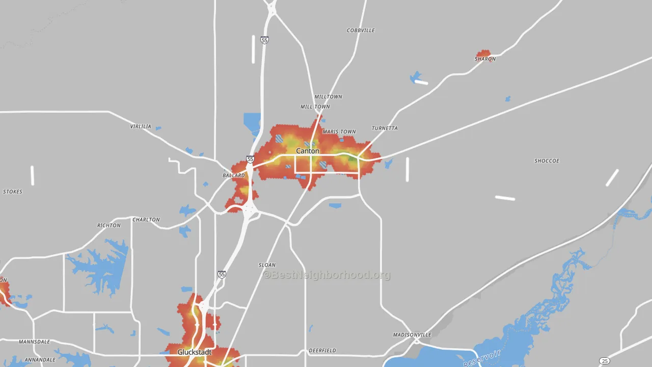 Walk Grade map of Canton, MS, walkable areas in green and car-dependent areas in red