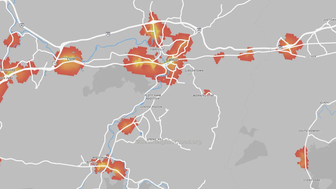Walk Grade map of Canton, NC, walkable areas in green and car-dependent areas in red
