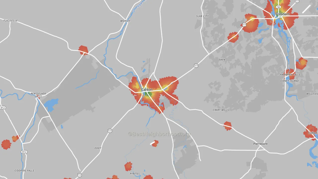 Walk Grade map of Canton, NY, walkable areas in green and car-dependent areas in red