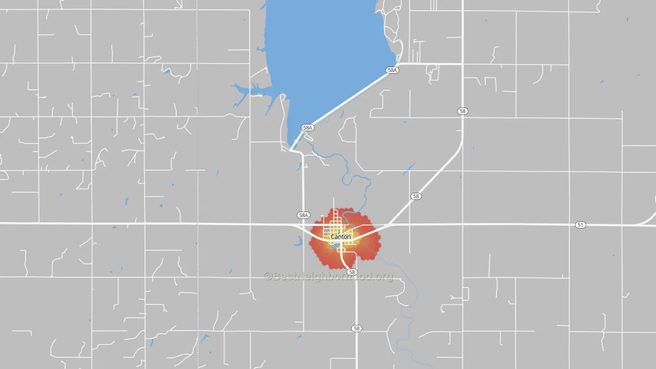 Walk Grade map of Canton, OK, walkable areas in green and car-dependent areas in red