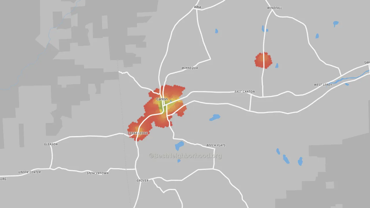 Walk Grade map of Canton, PA, walkable areas in green and car-dependent areas in red
