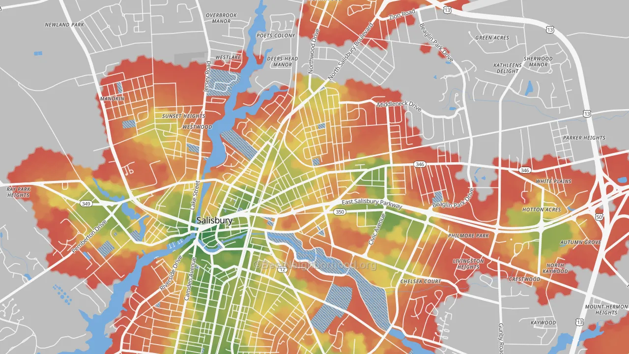 Walk Grade map of Canton, Salisbury, MD, walkable areas in green and car-dependent areas in red