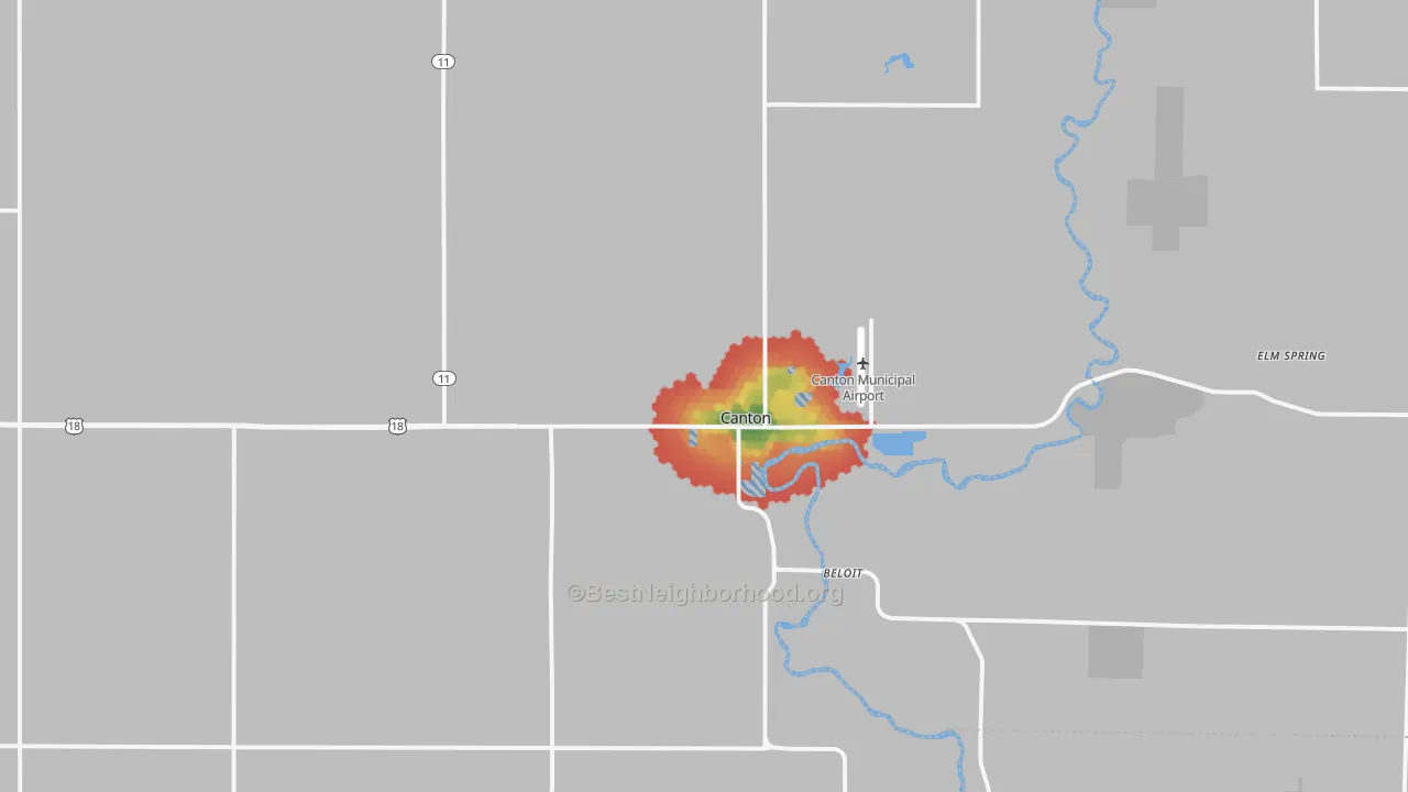 Walk Grade map of Canton, SD, walkable areas in green and car-dependent areas in red