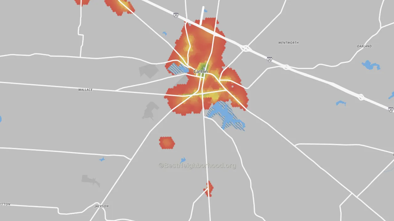 Walk Grade map of Canton, TX, walkable areas in green and car-dependent areas in red
