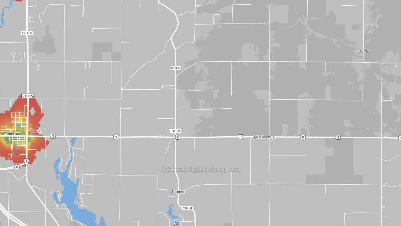 Walk Grade map of Canton, WI, walkable areas in green and car-dependent areas in red