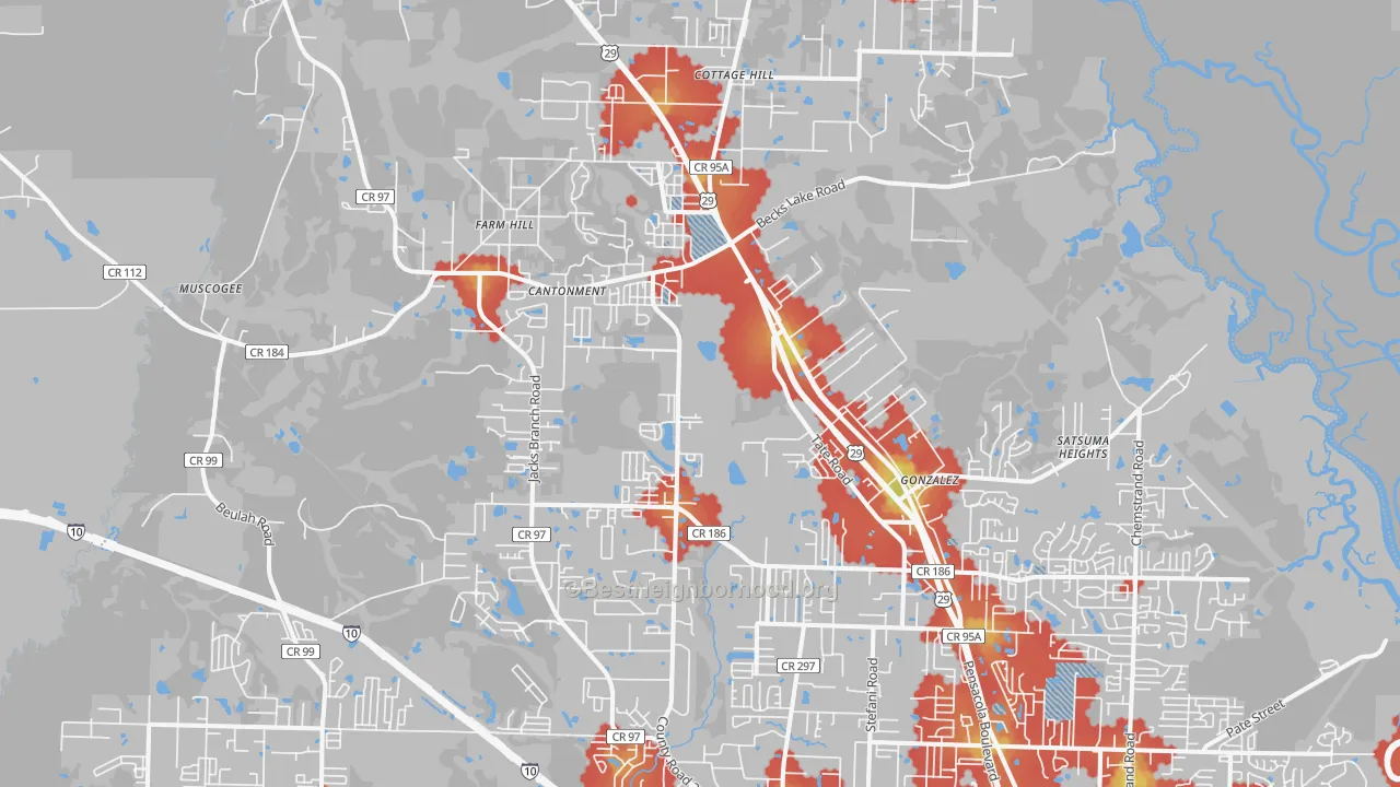 Walk Grade map of Cantonment, FL, walkable areas in green and car-dependent areas in red