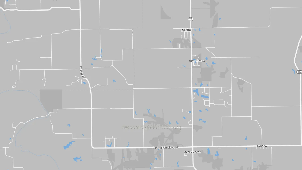 Walk Grade map of Cantrall, IL, walkable areas in green and car-dependent areas in red