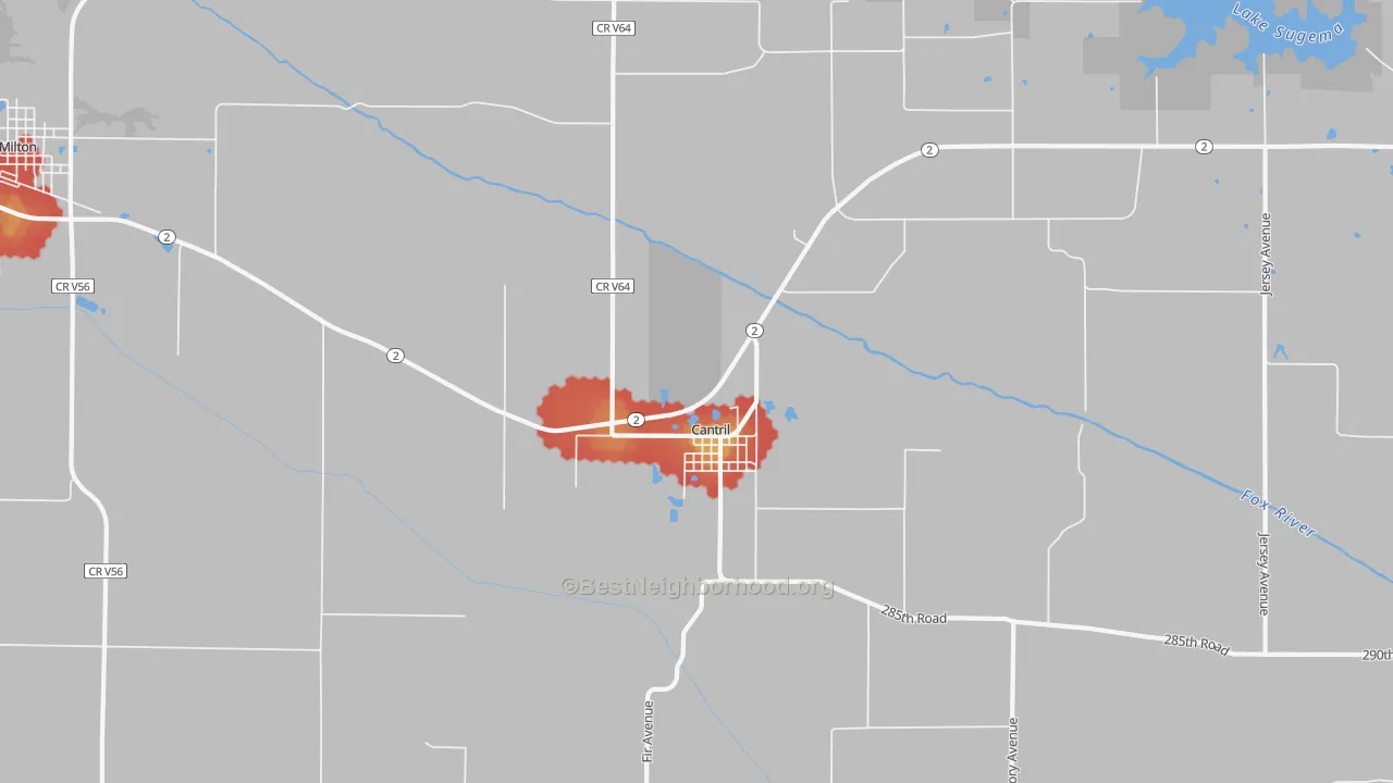 Walk Grade map of Cantril, IA, walkable areas in green and car-dependent areas in red