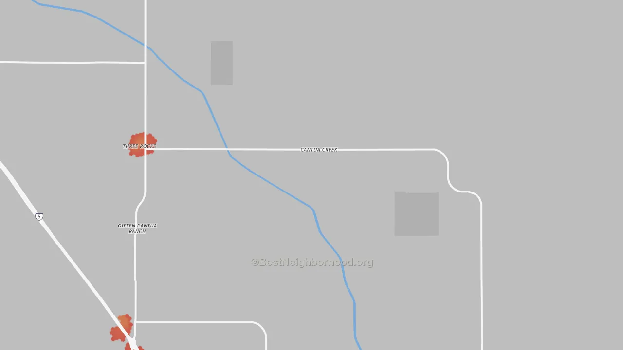Walk Grade map of Cantua Creek, CA, walkable areas in green and car-dependent areas in red