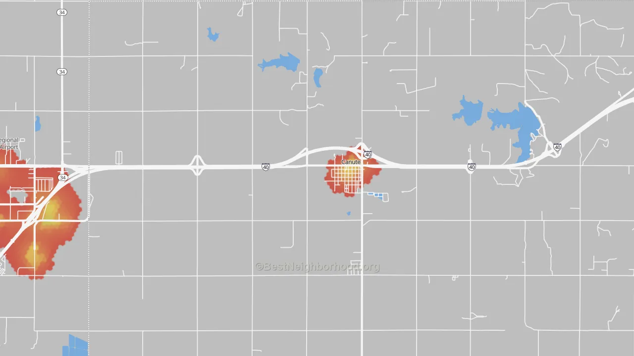 Walk Grade map of Canute, OK, walkable areas in green and car-dependent areas in red