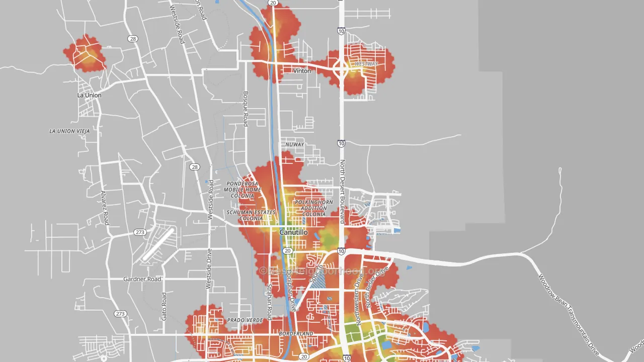 Walk Grade map of Canutillo, TX, walkable areas in green and car-dependent areas in red