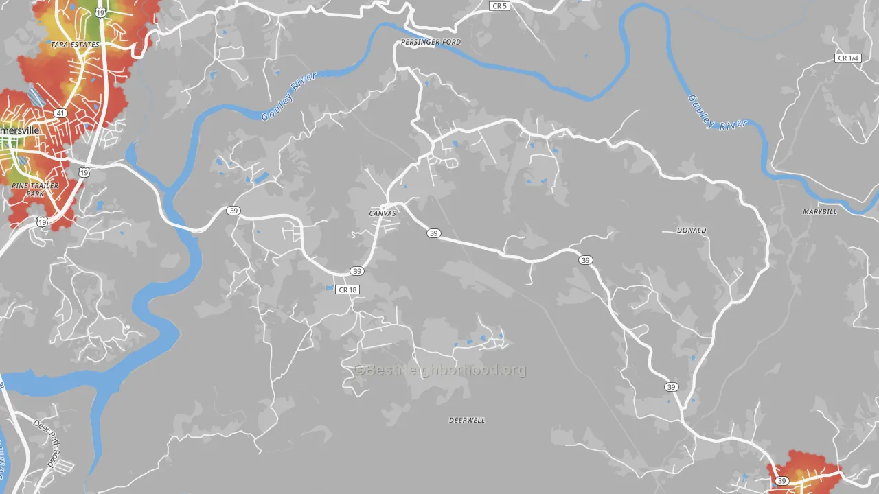 Walk Grade map of Canvas, WV, walkable areas in green and car-dependent areas in red