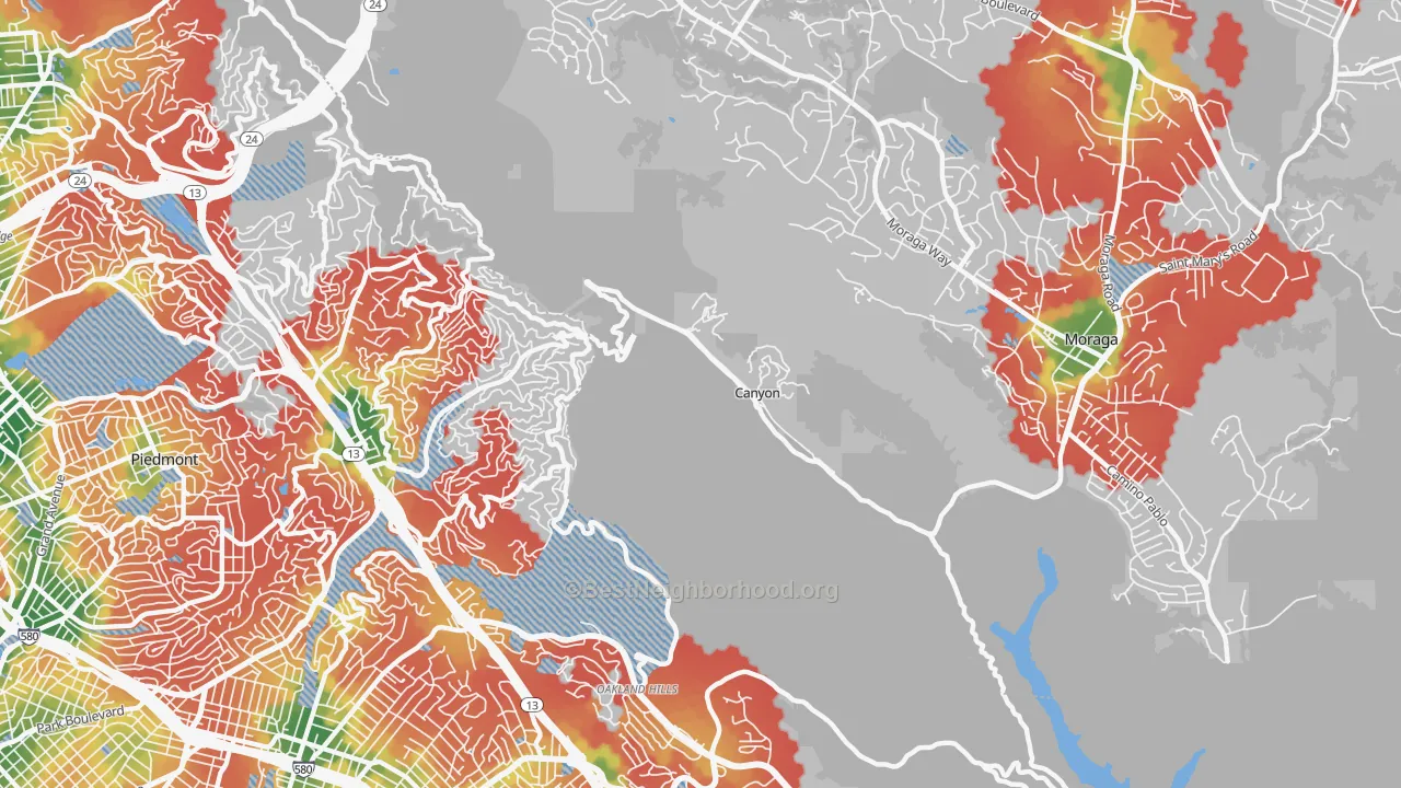 Walk Grade map of Canyon, CA, walkable areas in green and car-dependent areas in red