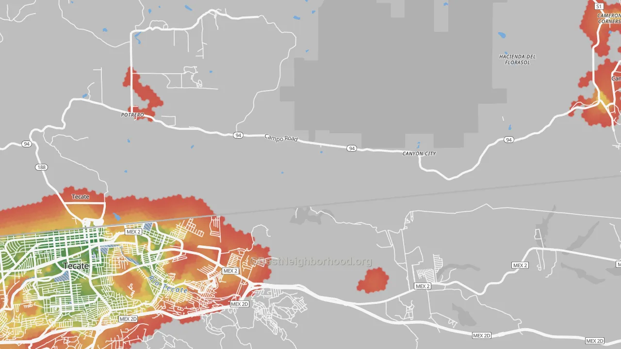 Walk Grade map of Canyon City, CA, walkable areas in green and car-dependent areas in red