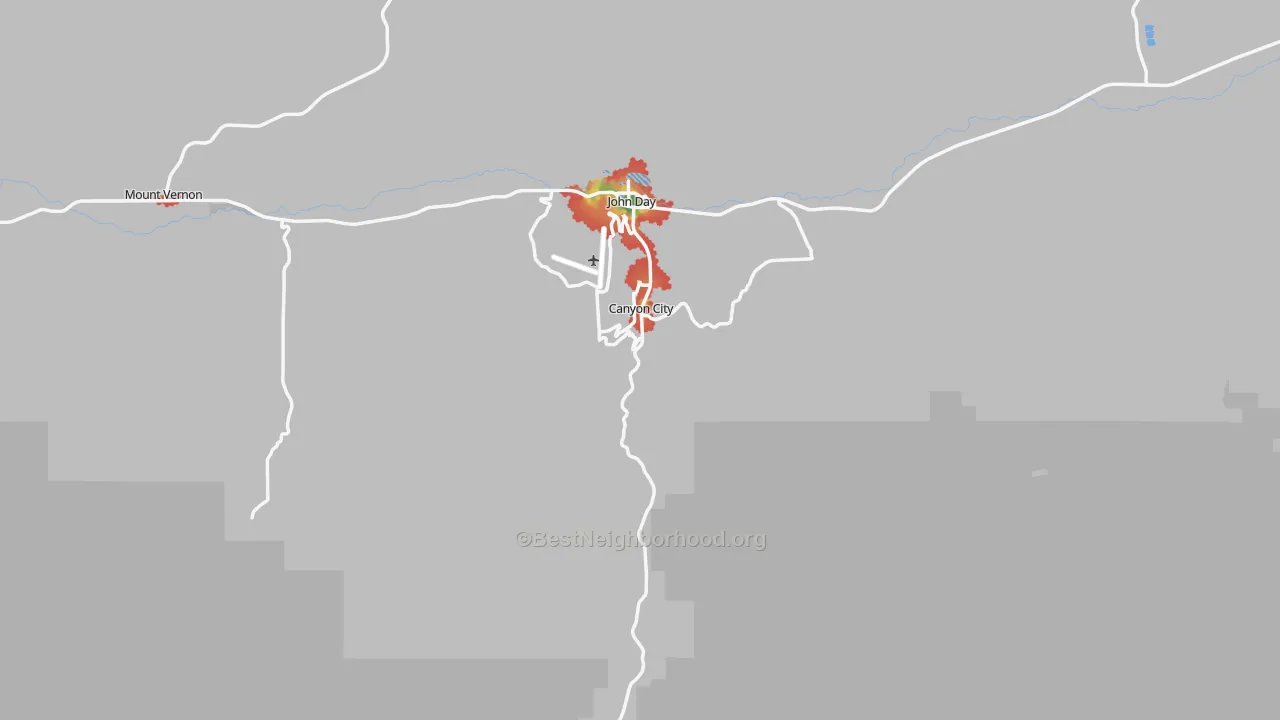 Walk Grade map of Canyon City, OR, walkable areas in green and car-dependent areas in red