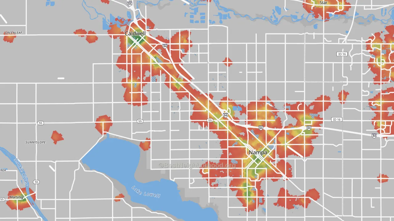 Walk Grade map of Canyon County, ID, walkable areas in green and car-dependent areas in red