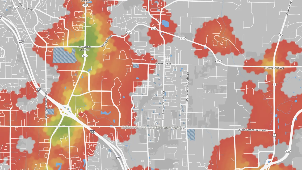 Walk Grade map of Canyon Creek-39th SE, Bothell, WA, walkable areas in green and car-dependent areas in red