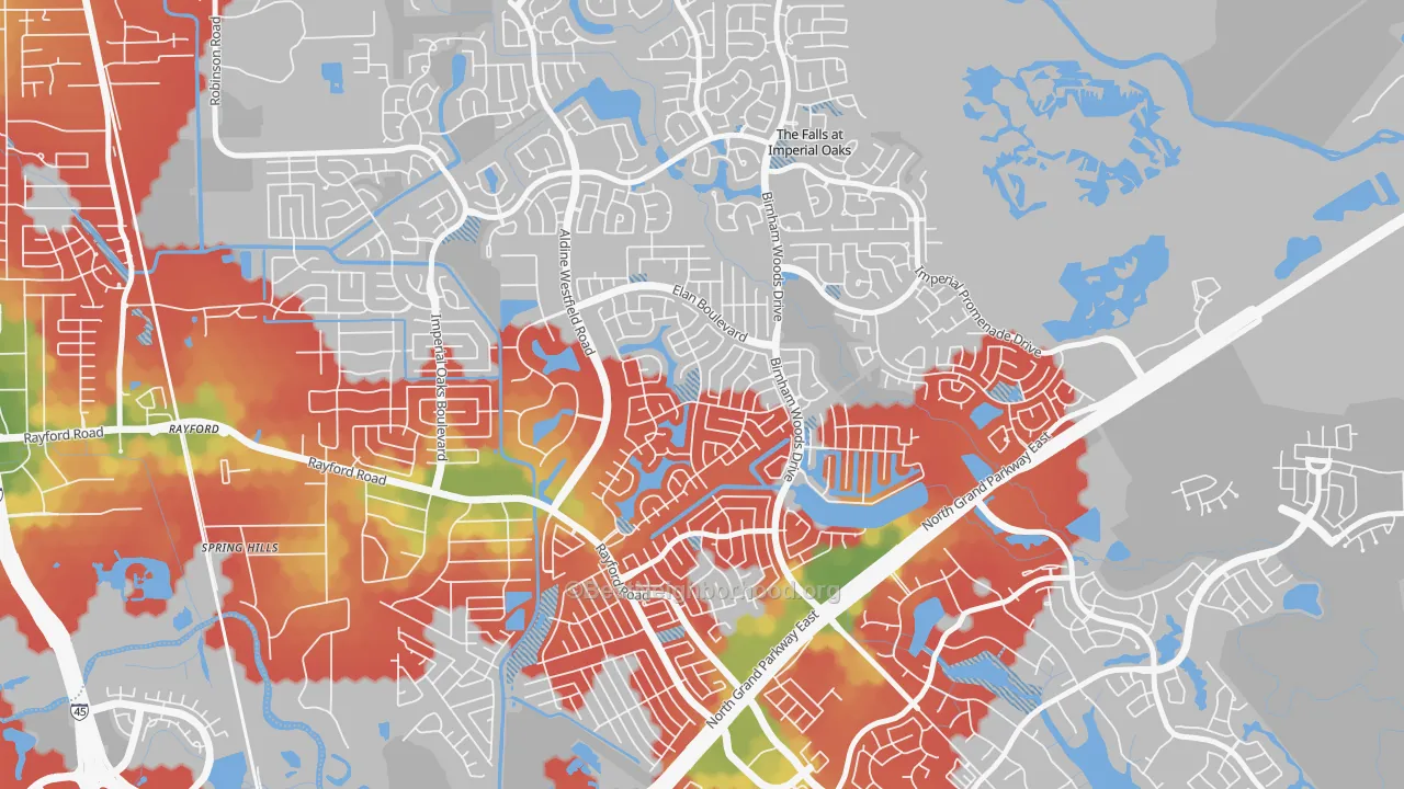 Walk Grade map of Canyon Lakes at Legends Ranch, Spring, TX, walkable areas in green and car-dependent areas in red