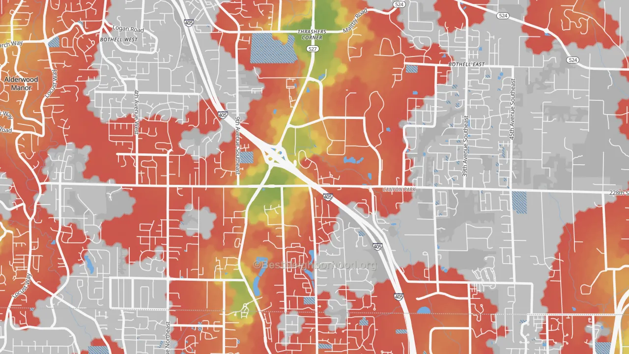 Walk Grade map of Canyon Park, Bothell, WA, walkable areas in green and car-dependent areas in red
