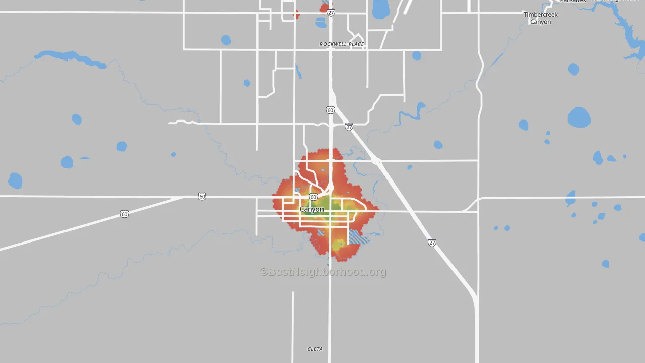 Walk Grade map of Canyon, TX, walkable areas in green and car-dependent areas in red