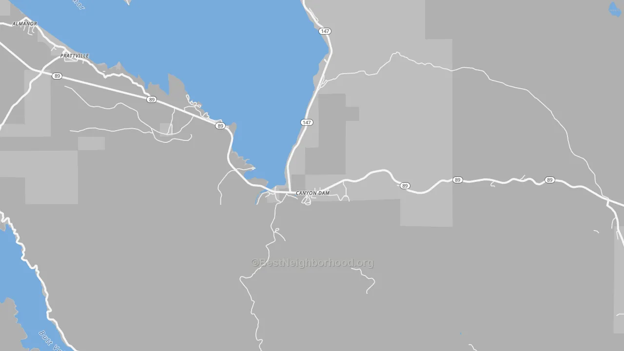 Walk Grade map of Canyondam, CA, walkable areas in green and car-dependent areas in red