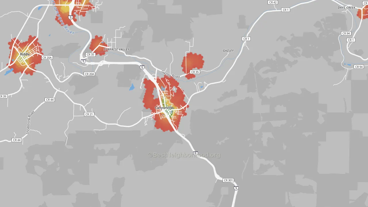 Walk Grade map of Canyonville, OR, walkable areas in green and car-dependent areas in red