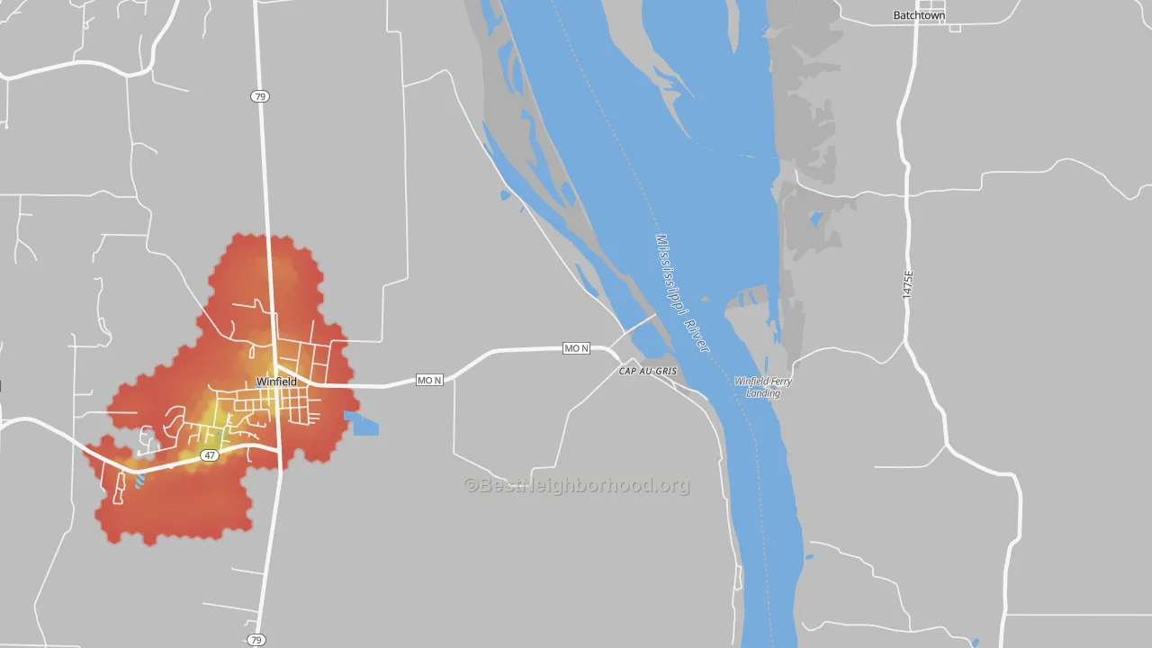 Walk Grade map of Cap au Gris, MO, walkable areas in green and car-dependent areas in red