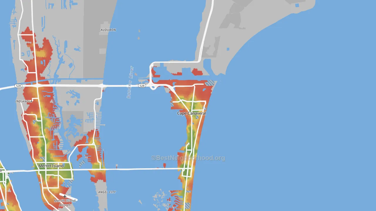 Walk Grade map of Cape Canaveral, FL, walkable areas in green and car-dependent areas in red