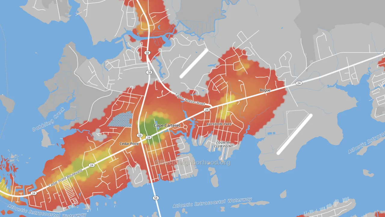 Walk Grade map of Cape Carteret, NC, walkable areas in green and car-dependent areas in red