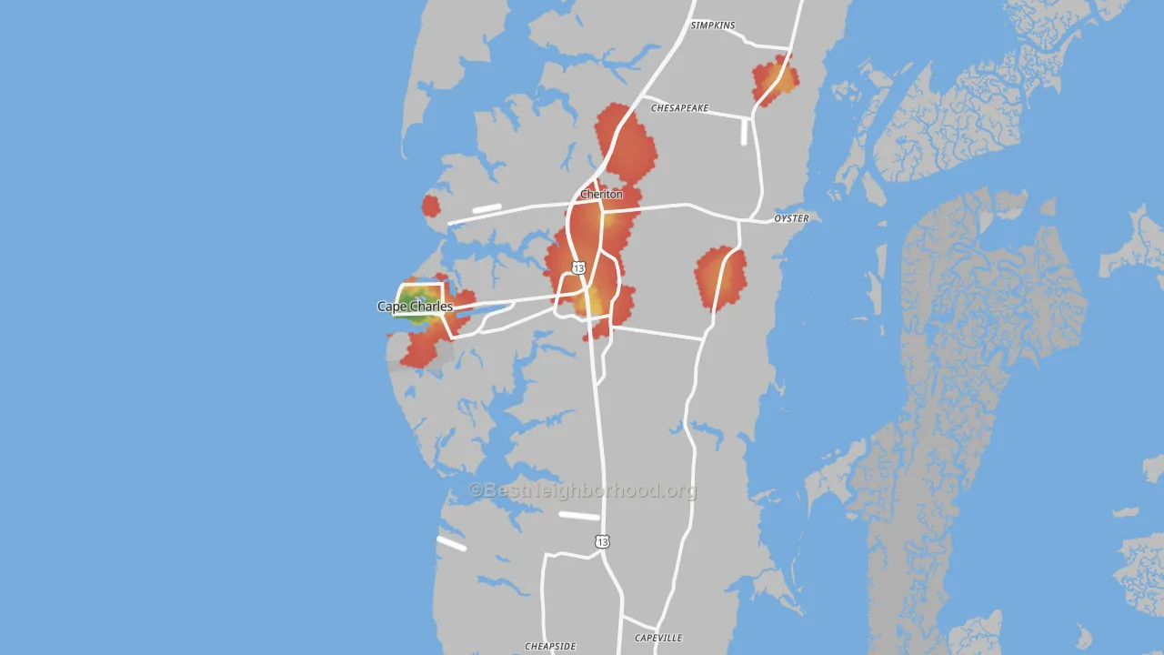 Walk Grade map of Cape Charles, VA, walkable areas in green and car-dependent areas in red