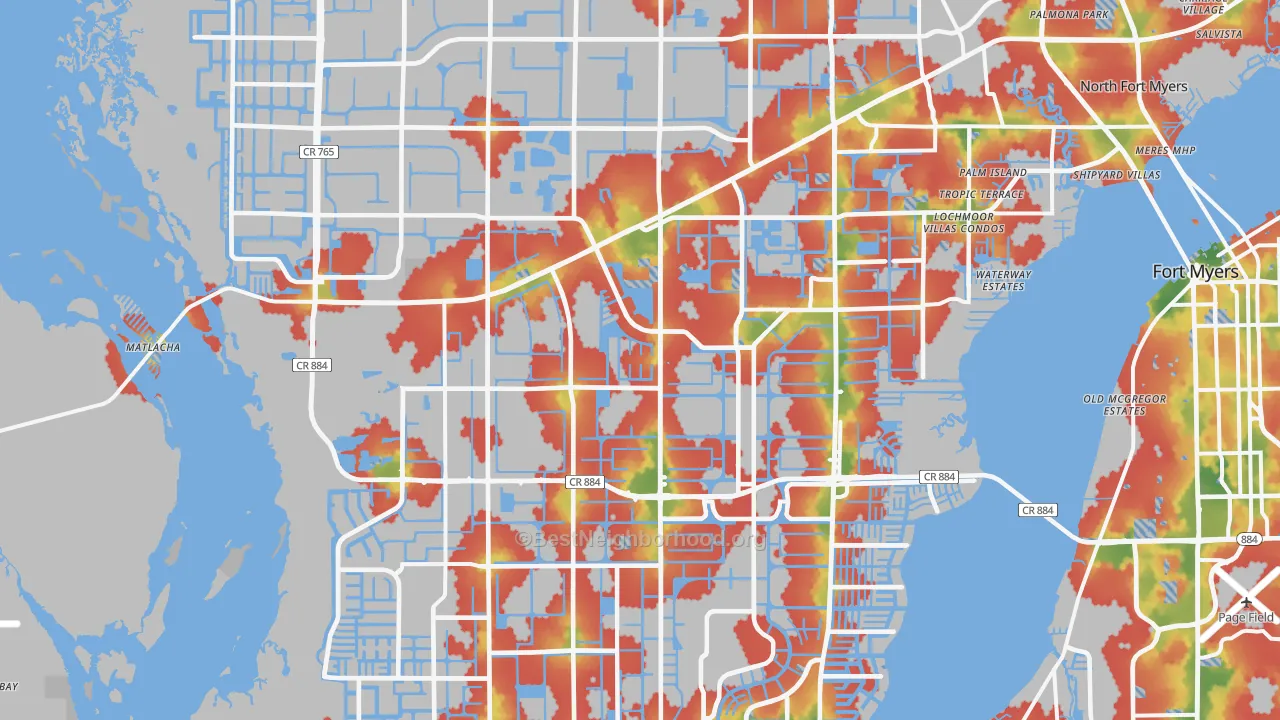 Walk Grade map of Cape Coral, FL, walkable areas in green and car-dependent areas in red