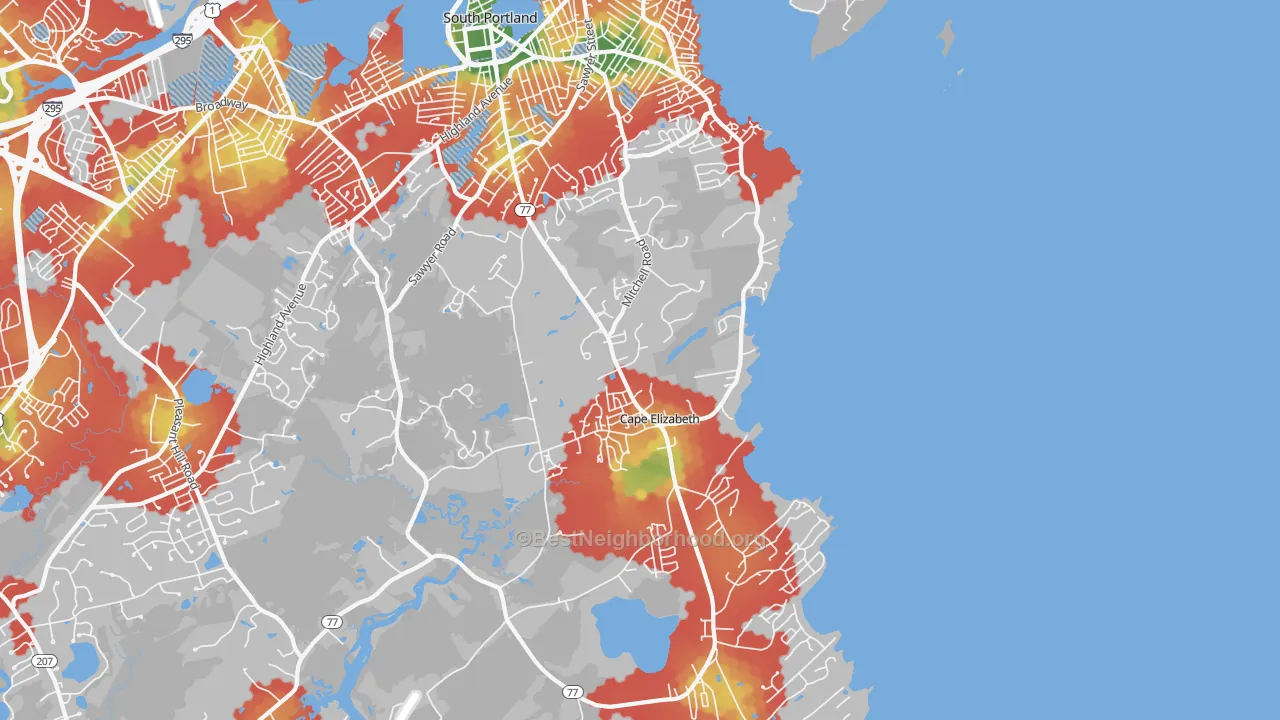 Walk Grade map of Cape Elizabeth, ME, walkable areas in green and car-dependent areas in red