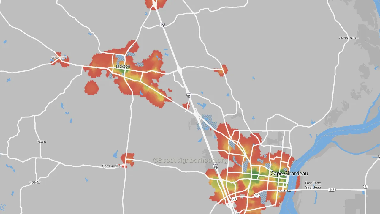 Walk Grade map of Cape Girardeau County, MO, walkable areas in green and car-dependent areas in red