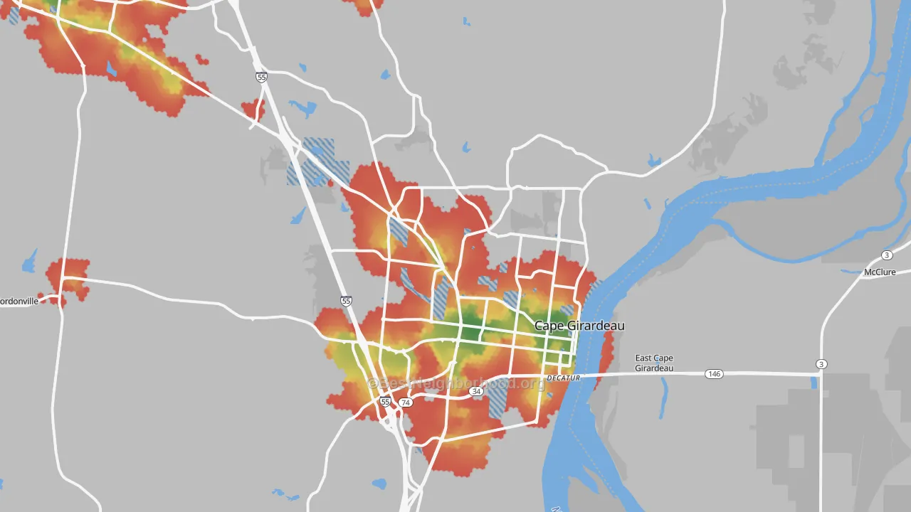 Walk Grade map of Cape Girardeau, MO, walkable areas in green and car-dependent areas in red