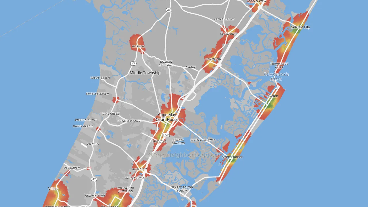 Walk Grade map of Cape May County, NJ, walkable areas in green and car-dependent areas in red