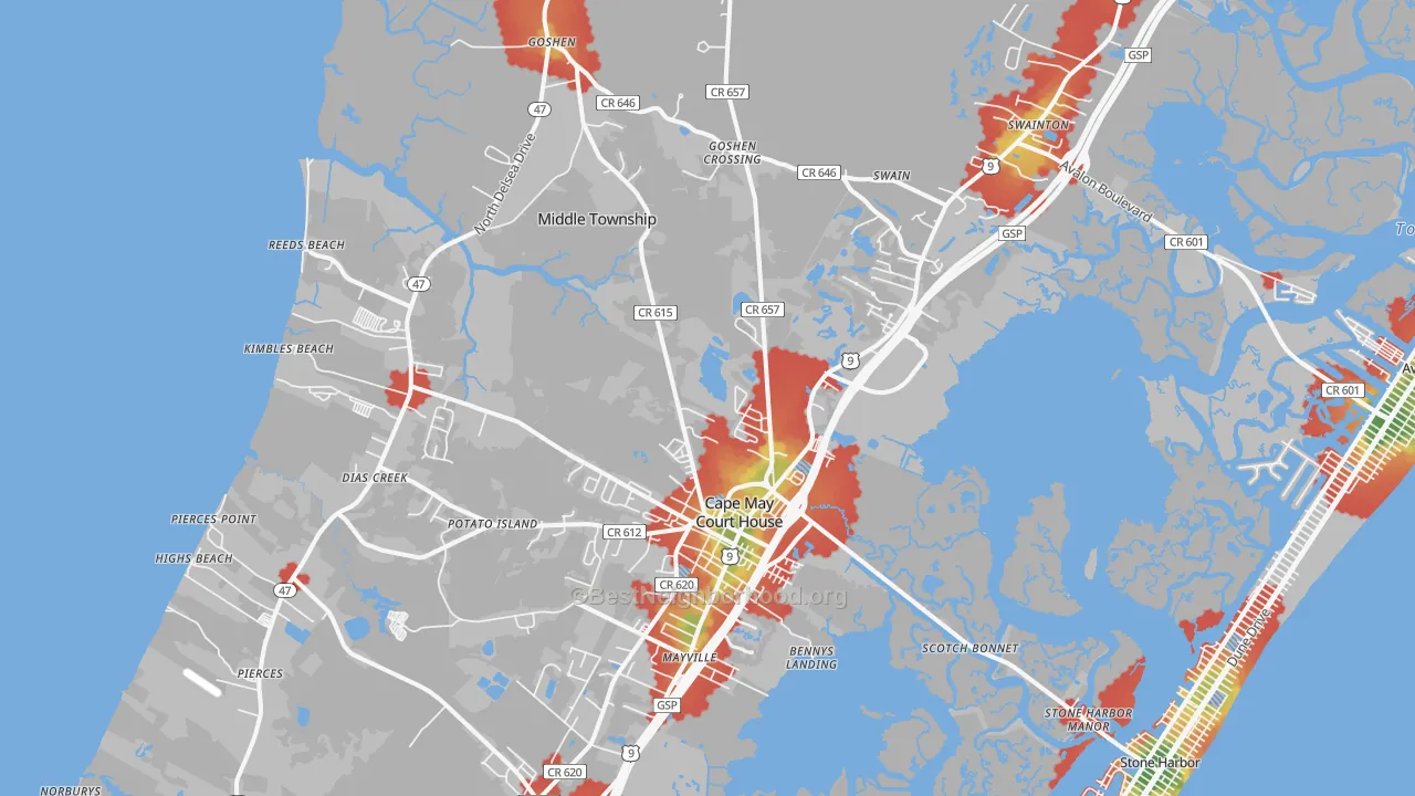 Walk Grade map of Cape May Court House, NJ, walkable areas in green and car-dependent areas in red