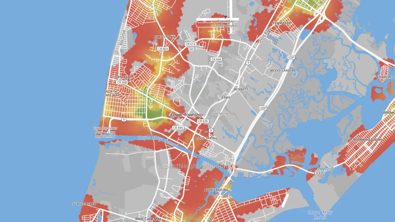 Walk Grade map of Cape May, NJ, walkable areas in green and car-dependent areas in red