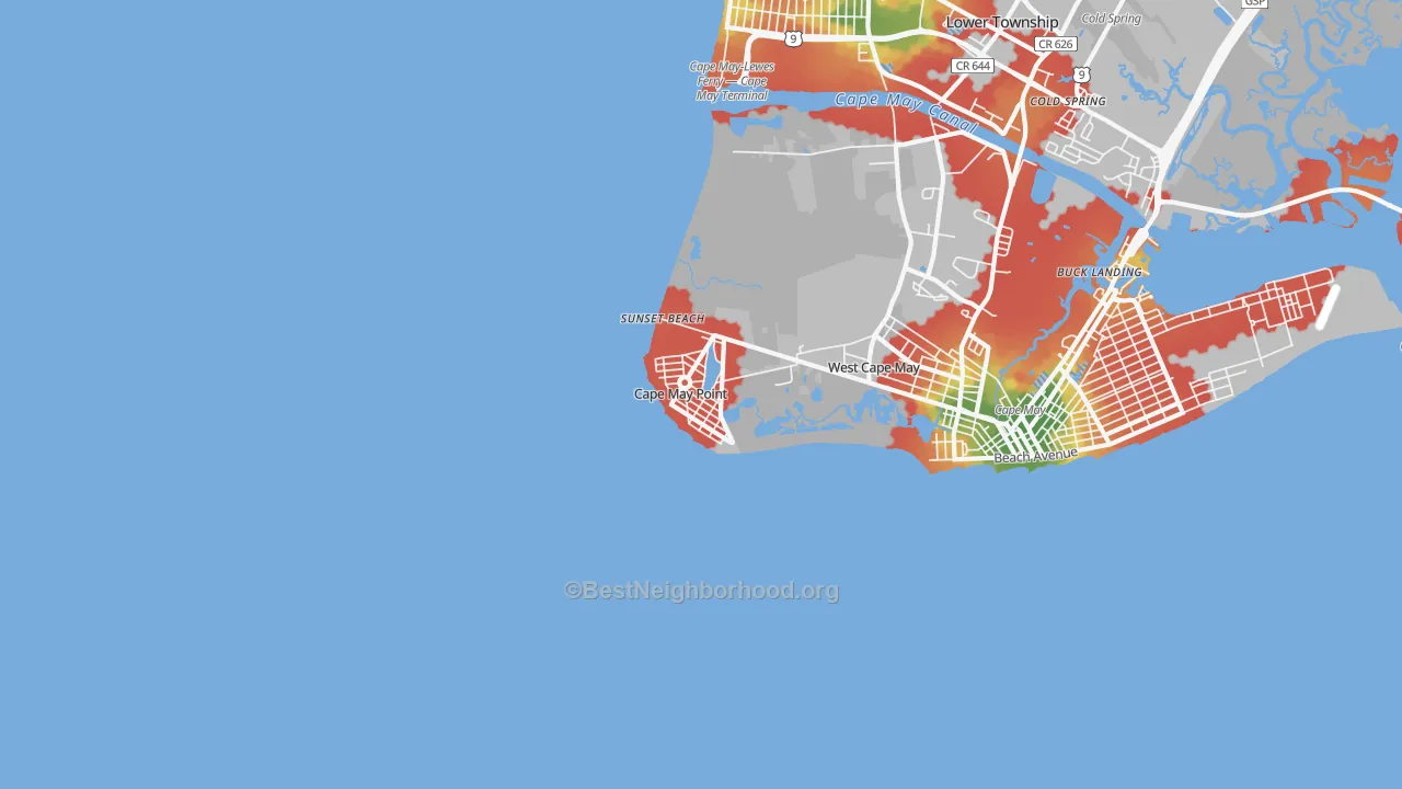 Walk Grade map of Cape May Point, NJ, walkable areas in green and car-dependent areas in red