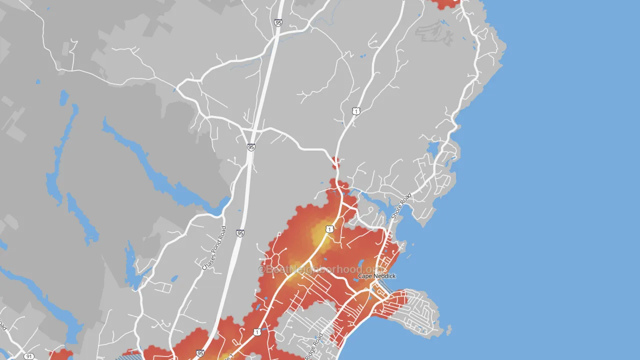 Walk Grade map of Cape Neddick, ME, walkable areas in green and car-dependent areas in red