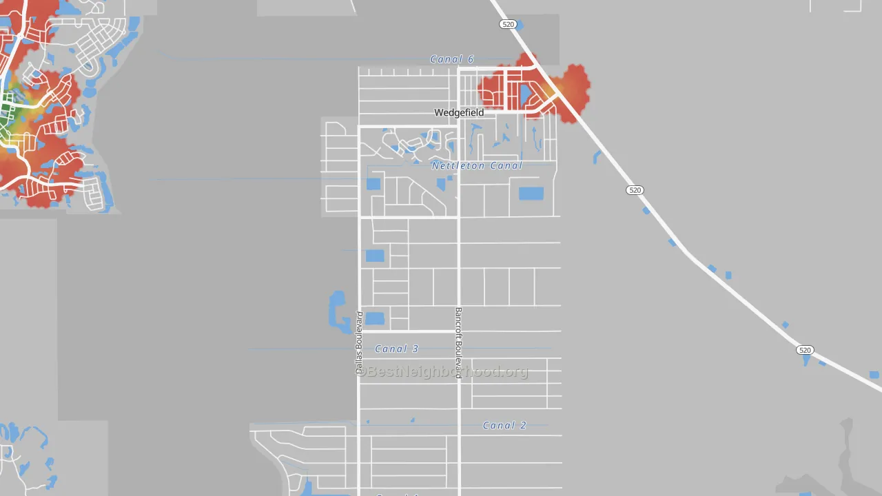 Walk Grade map of Cape Orl Estates, Wedgefield, FL, walkable areas in green and car-dependent areas in red