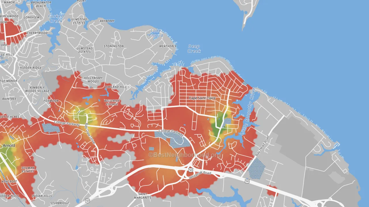 Walk Grade map of Cape St. Claire, MD, walkable areas in green and car-dependent areas in red
