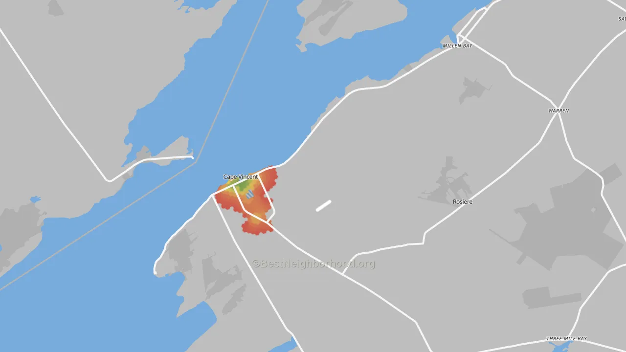 Walk Grade map of Cape Vincent, NY, walkable areas in green and car-dependent areas in red
