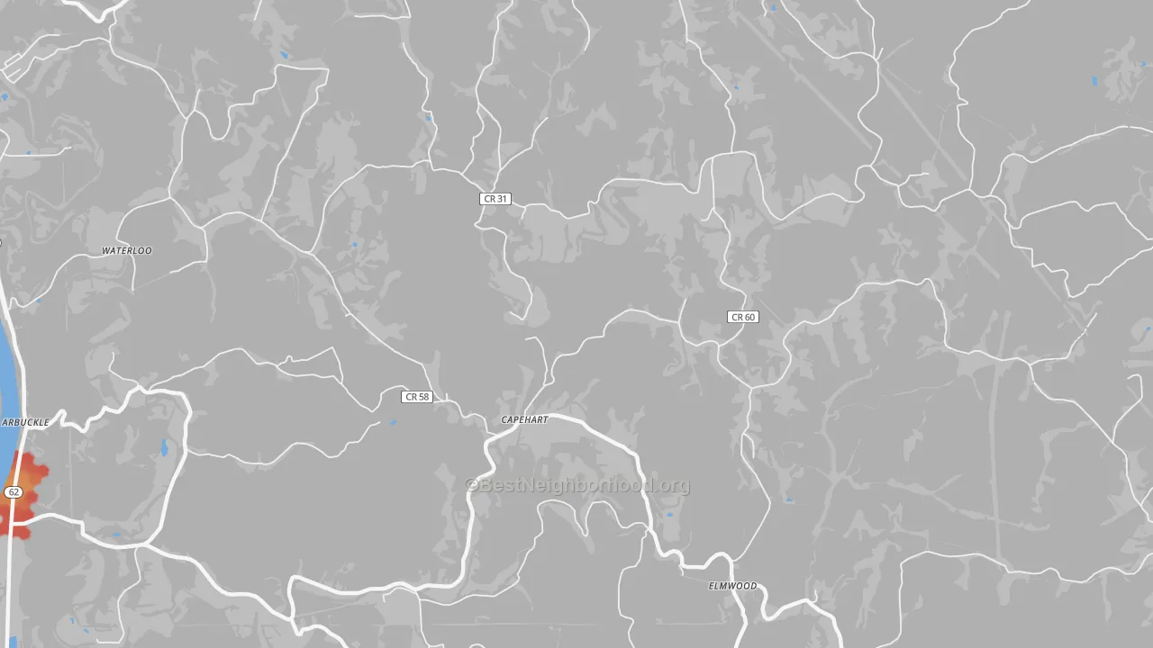 Walk Grade map of Capehart, WV, walkable areas in green and car-dependent areas in red